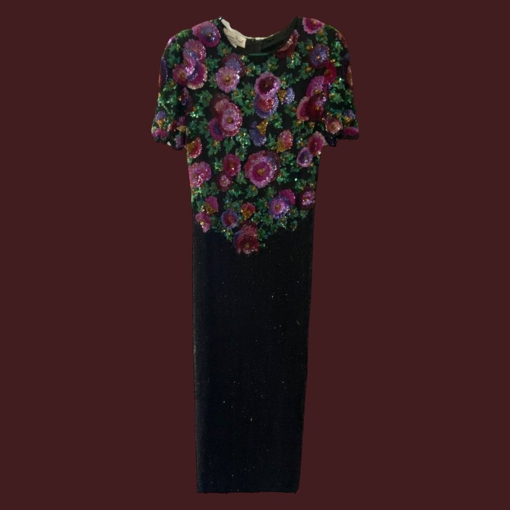 VTG 80s-ERA LAWRENCE KAZAR BEADED/SEQUIN FLORAL MAXI FORMAL DRESS. Sz M 8/10P GC